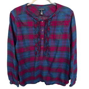 Lands End Flannel Blouse Womens Extra Large XL Plaid Ruffle Cotton Classic